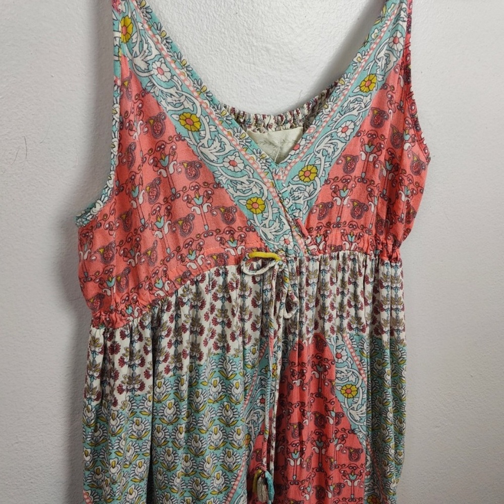 Z&L Maxi Dress Women’s Med Boho Paisley Print Tiered V-Neck Coral/Teal - Picture 2 of 4